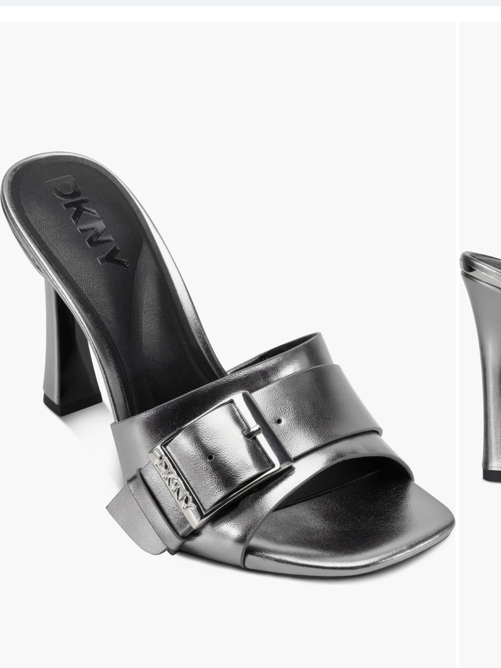 DKNY Metallic Silver Buckle Slide Mules
